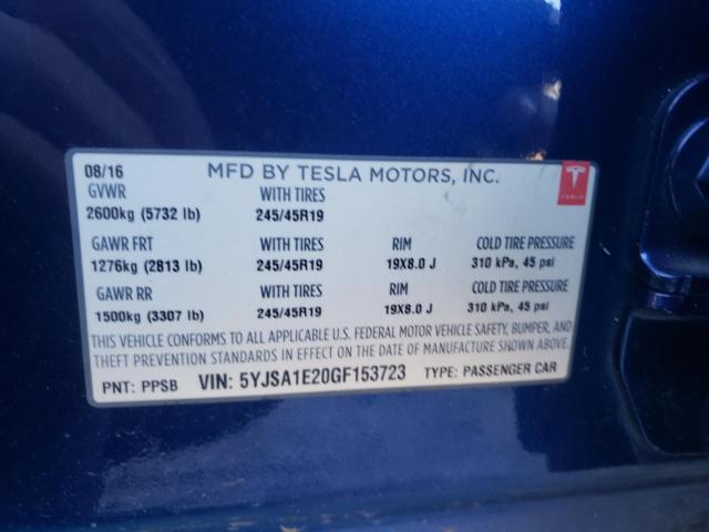 5YJSA1E20GF153723 - 2016 TESLA MODEL S Կապույտ լուսանկար 13
