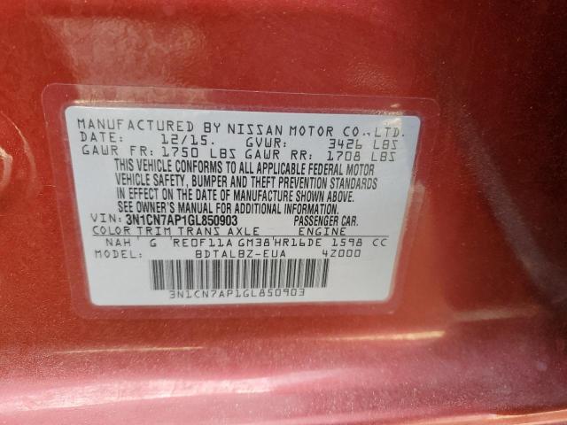 3N1CN7AP1GL850903 - 2016 NISSAN VERSA S RED photo 12