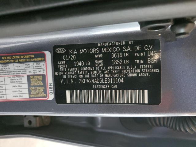 3KPA24AD5LE311104 - 2020 KIA RIO LX GRAY photo 12