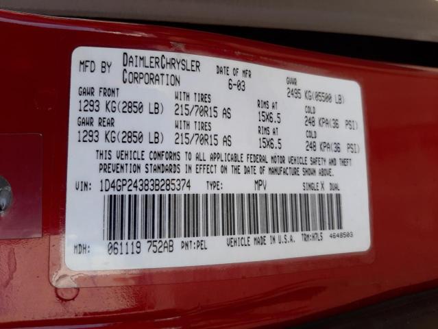 1D4GP24383B285374 - 2003 DODGE GRAND CARA SE RED photo 13