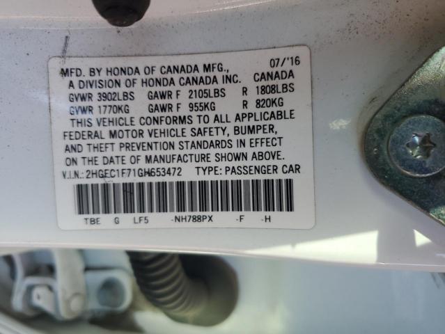 2HGFC1F71GH653472 - 2016 HONDA CIVIC EXL WHITE photo 12