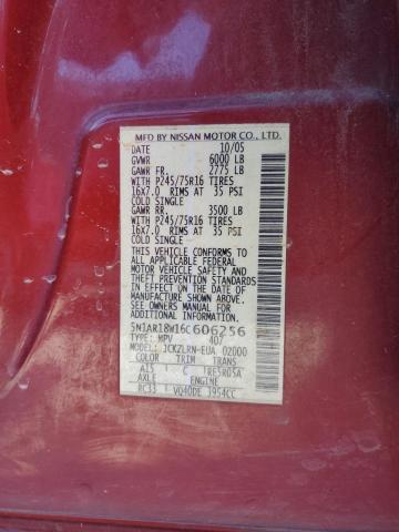 5N1AR18W16C606256 - 2006 NISSAN PATHFINDER LE 勃艮第红 照片 13