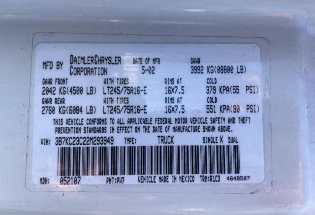 3B7KC23C22M293949 - 2002 DODGE RAM 2500 WHITE photo 10