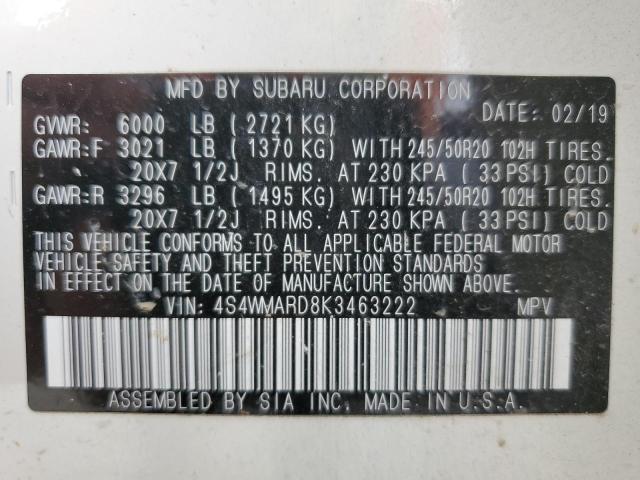 4S4WMARD8K3463222 - 2019 SUBARU ASCENT TOURING WHITE photo 14