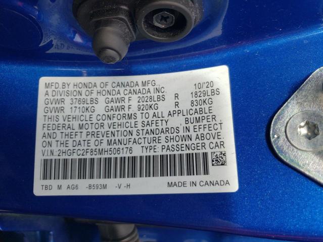 2HGFC2F85MH506176 - 2021 HONDA CIVIC SPORT 蓝色 照片 12