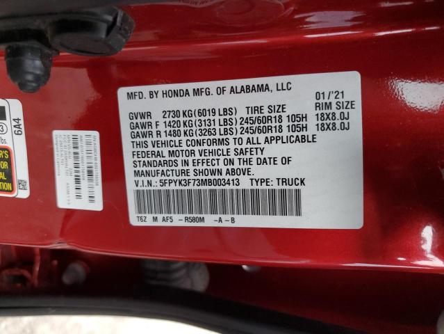 5FPYK3F73MB003413 - 2021 HONDA RIDGELINE RTL RED photo 13