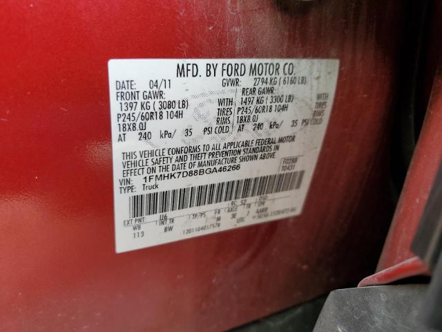 1FMHK7D88BGA46266 - 2011 FORD EXPLORER XLT RED photo 13