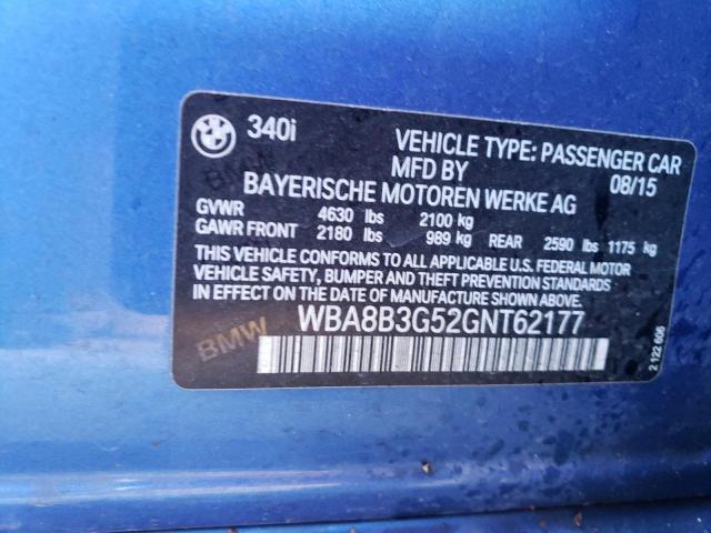 WBA8B3G52GNT62177 - 2016 BMW 340 I BLUE photo 12