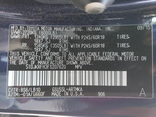 5TDJKRFH3FS207620 - 2015 TOYOTA HIGHLANDER XLE Mavi foto 14