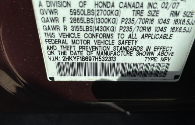 2HKYF18697H532313 - 2007 HONDA PILOT EXL MAROON photo 10