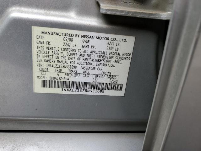 1N4AL21E78N531699 - 2008 NISSAN ALTIMA 2.5 SILVER photo 12