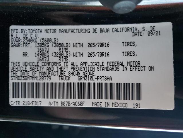 3TMDZ5BN7MM120779 - 2021 TOYOTA TACOMA DOUBLE CAB 黑色 照片 12