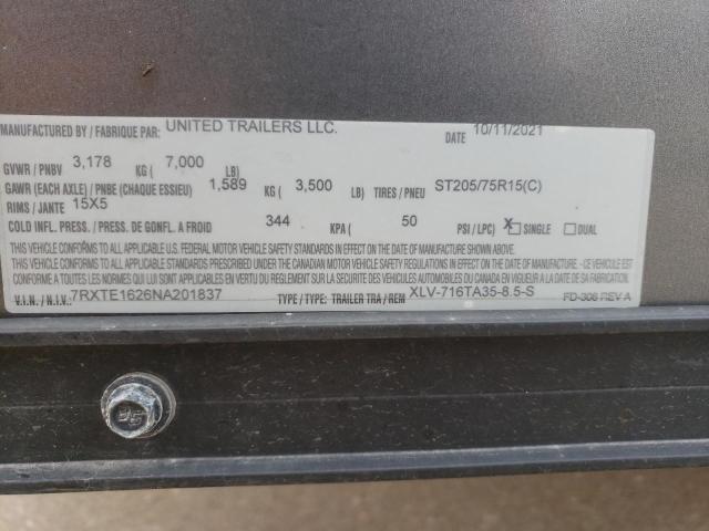 7RXTE1626NA201837 - 2022 UTILITY TRAILER ნაცრისფერი ფოტო 10