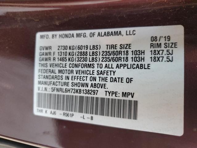 5FNRL6H73KB138297 - 2019 HONDA ODYSSEY EXL MAROON photo 13