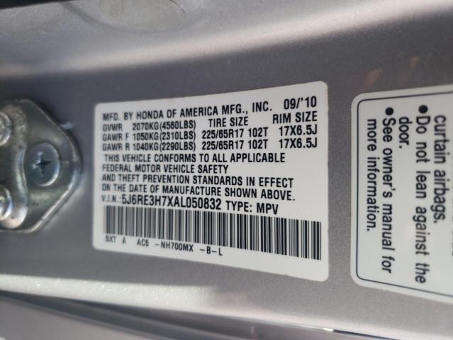 5J6RE3H7XAL050832 - 2010 HONDA CR-V EXL SILVER photo 14