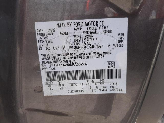 1FTRX14W98FA30274 - 2008 FORD F150 BLACK photo 12