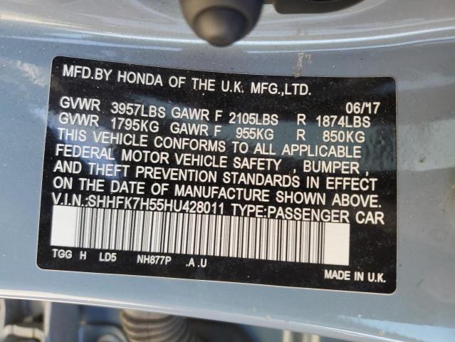 SHHFK7H55HU428011 - 2017 HONDA CIVIC EX GRAY photo 12