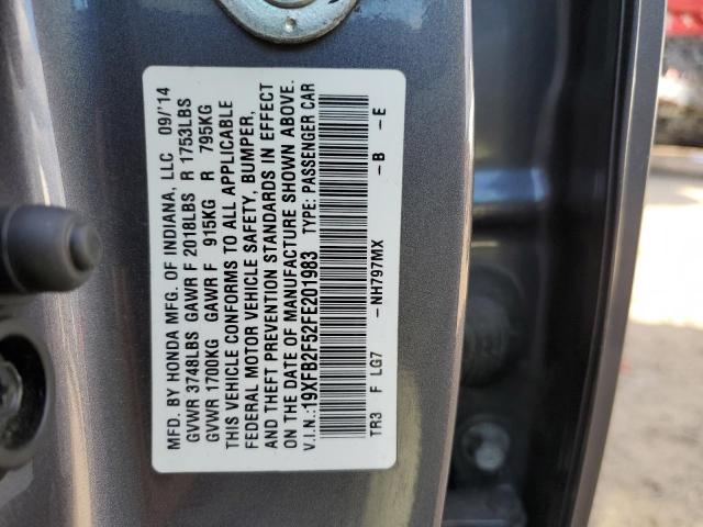 19XFB2F52FE201983 - 2015 HONDA CIVIC LX GRAY photo 12