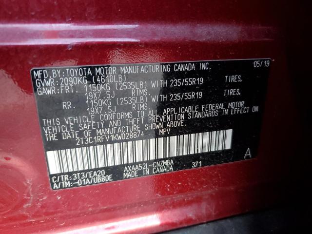 2T3C1RFV1KW028874 - 2019 TOYOTA RAV4 XLE PREMIUM RED photo 12