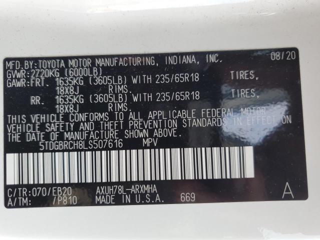 5TDGBRCH8LS507616 - 2020 TOYOTA HIGHLANDER HYBRID XLE WHITE photo 13