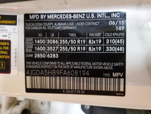 4JGDA5HB9FA608194 - 2015 MERCEDES-BENZ ML 350 4MATIC WHITE photo 12