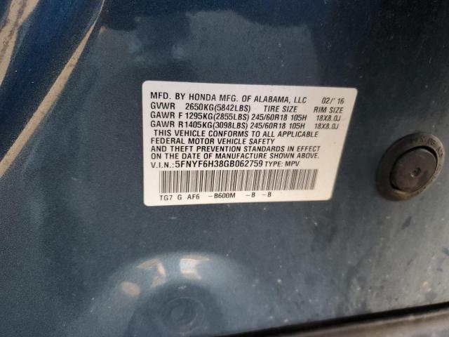 5FNYF6H38GB062759 - 2016 HONDA PILOT EX BLUE photo 14