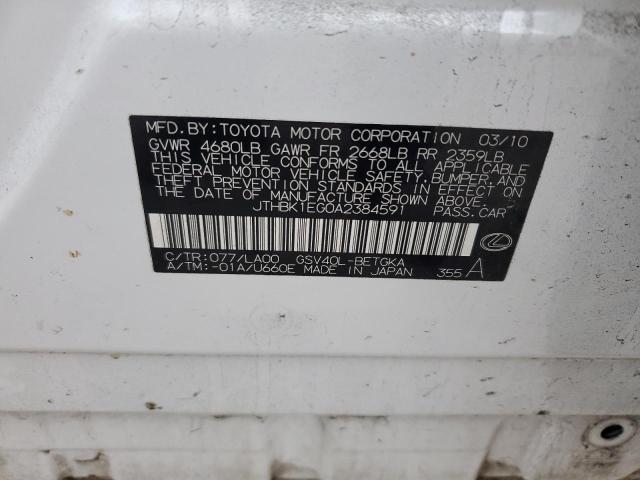 JTHBK1EG0A2384591 - 2010 LEXUS ES 350 WHITE photo 13