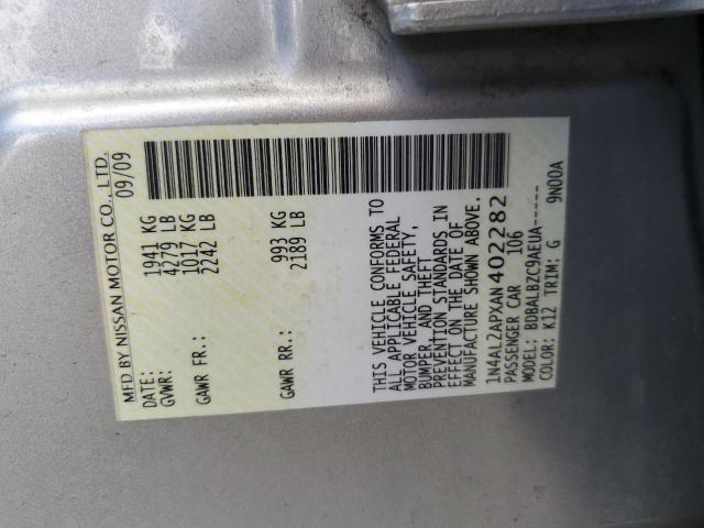 1N4AL2APXAN402282 - 2010 NISSAN ALTIMA BASE SILVER photo 12