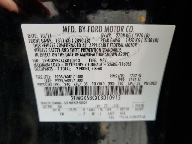 2FMGK5BCXCBD10913 - 2012 FORD FLEX SE BLACK photo 12