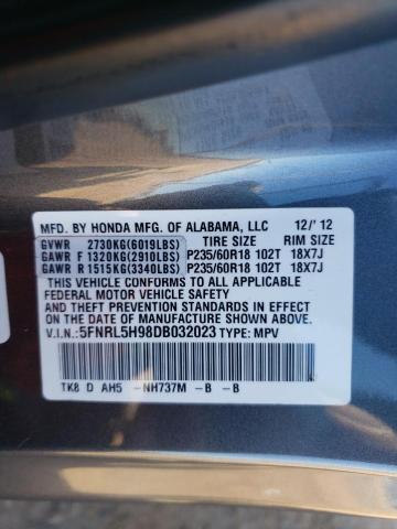 5FNRL5H98DB032023 - 2013 HONDA ODYSSEY TOURING GRAY photo 13