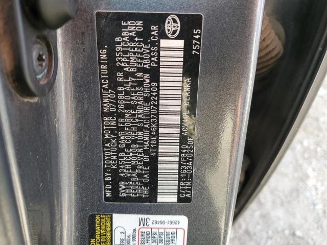 4T1BE46K37U722409 - 2007 TOYOTA CAMRY CE GRAY photo 12