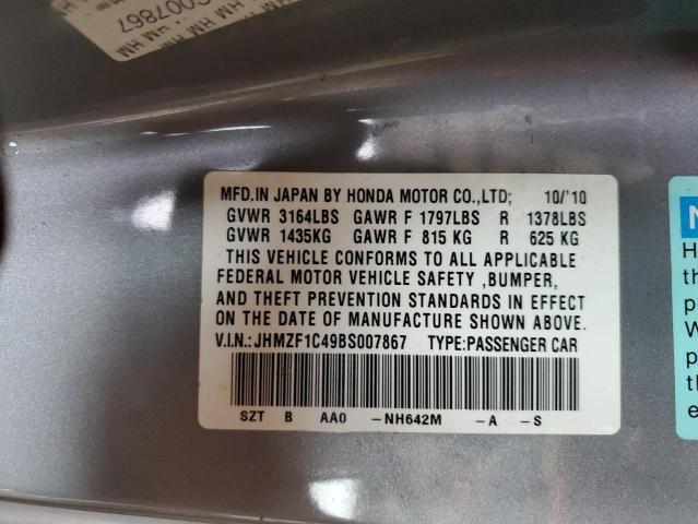 JHMZF1C49BS007867 - 2011 HONDA CR-Z SILVER photo 12