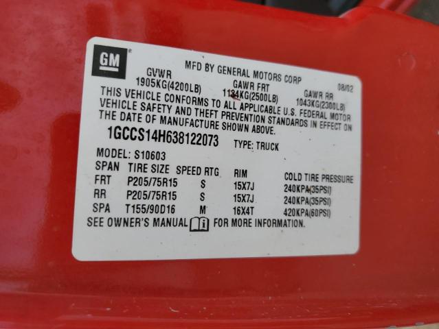 1GCCS14H638122073 - 2003 CHEVROLET S TRUCK S10 RED photo 13