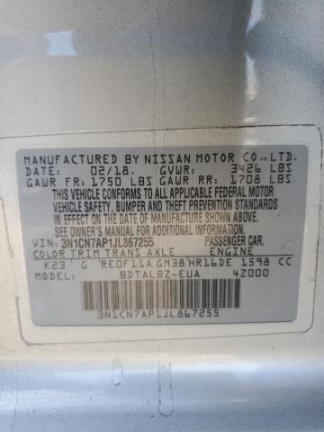 3N1CN7AP1JL867255 - 2018 NISSAN VERSA S SILVER photo 13