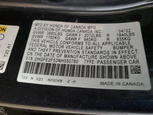 2HGFE2F53NH580780 - 2022 HONDA CIVIC SPORT 石墨色 照片 12