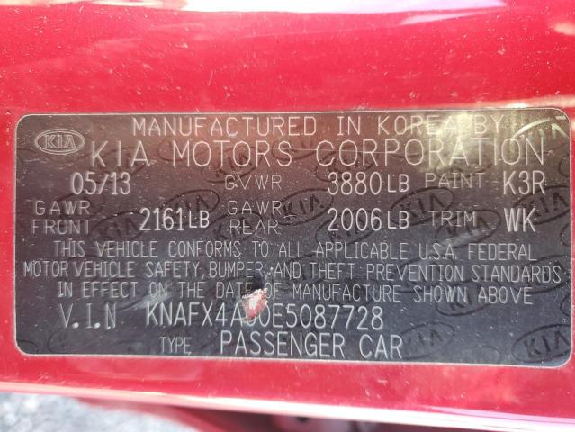 KNAFX4A60E5087728 - 2014 KIA FORTE LX RED photo 12