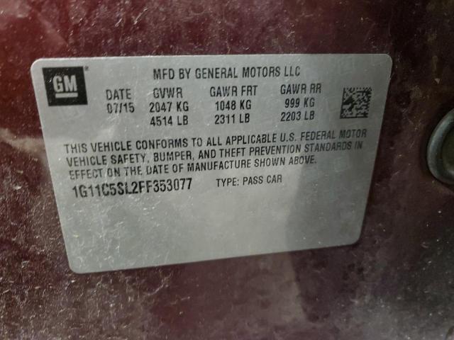 1G11C5SL2FF353077 - 2015 CHEVROLET MALIBU 1LT BURGUNDY photo 12