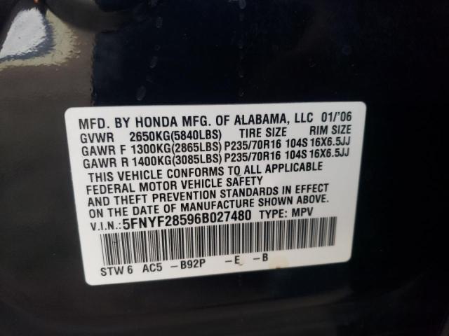 5FNYF28596B027480 - 2006 HONDA PILOT EX BLACK photo 12