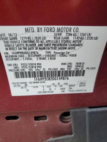 1FAHP2E82DG149876 - 2013 FORD TAURUS SEL RED photo 13