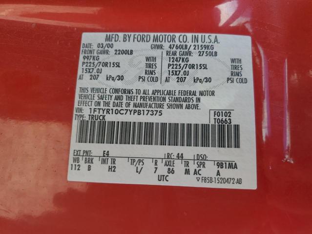 1FTYR10C7YPB17375 - 2000 FORD RANGER RED photo 12