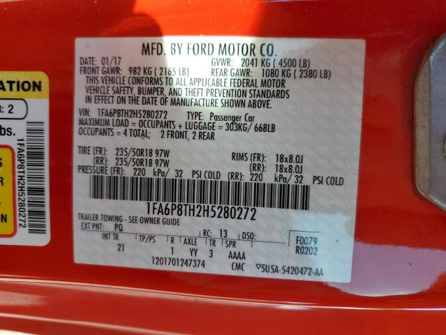 1FA6P8TH2H5280272 - 2017 FORD MUSTANG RED photo 12