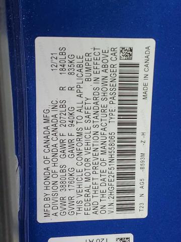 2HGFE2F51NH558065 - 2022 HONDA CIVIC SPORT 蓝色 照片 12