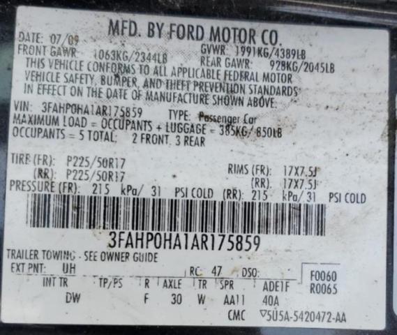 3FAHP0HA1AR175859 - 2010 FORD FUSION SE BLACK photo 12