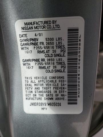 JN8DR09Y91W605024 - 2001 NISSAN PATHFINDER LE SILVER photo 12