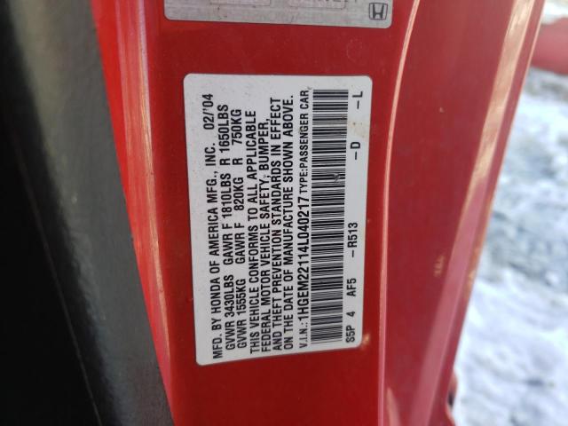 1HGEM22114L040217 - 2004 HONDA CIVIC DX VP წითელი ფოტო 12