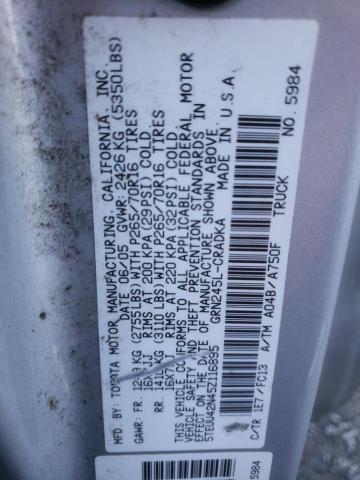 5TEUU42N45Z116895 - 2005 TOYOTA TACOMA ACCESS CAB ვერცხლისფერი ფოტო 12