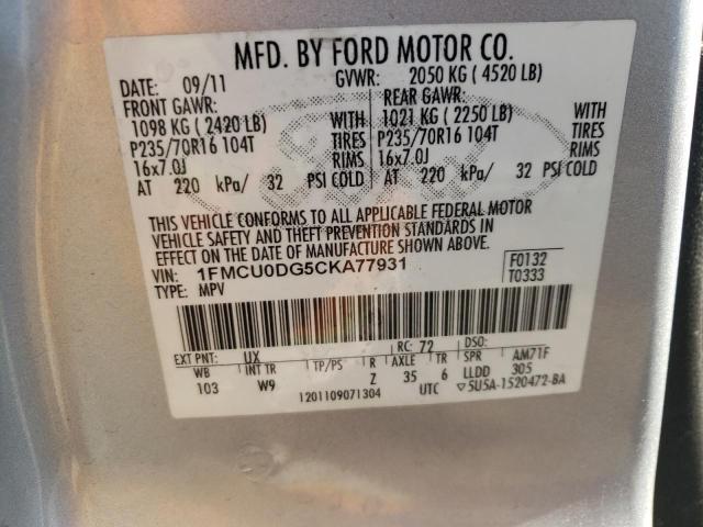 1FMCU0DG5CKA77931 - 2012 FORD ESCAPE XLT SILVER photo 13