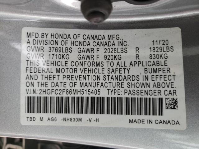 2HGFC2F86MH515405 - 2021 HONDA CIVIC SPORT 银色 照片 12
