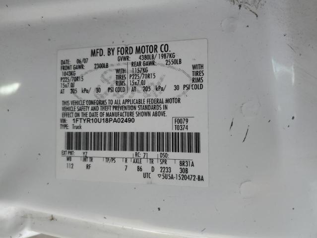 1FTYR10U18PA02490 - 2008 FORD RANGER WHITE photo 12