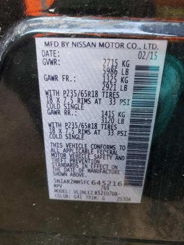 5N1AR2MM5FC645216 - 2015 NISSAN PATHFINDER S 黑色 照片 14